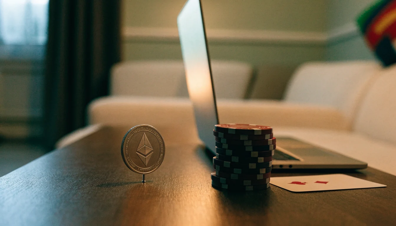 Ethereum-tillgång och casinomarker på ett skandinaviskt bord
