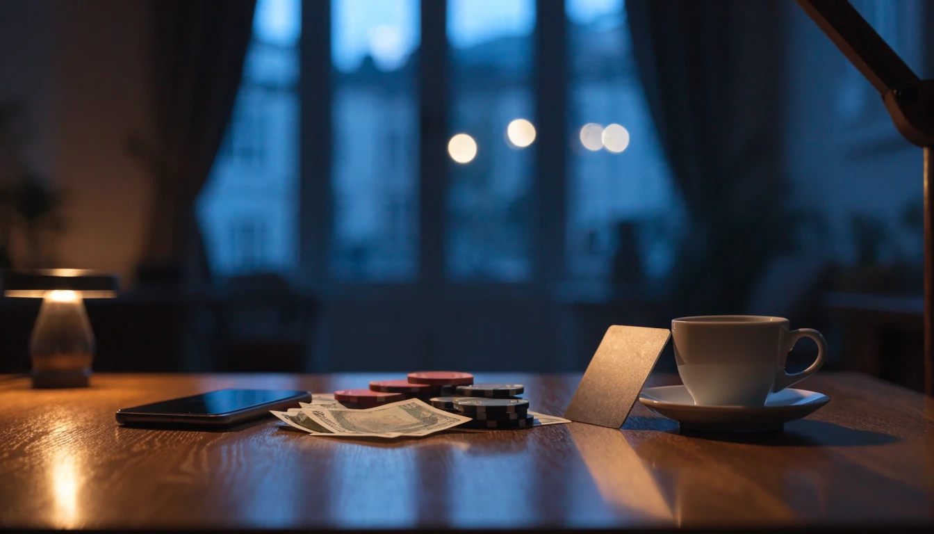 Smarttelefon, svenska kronor och casinokontanter på ett bord