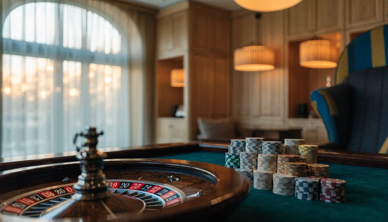 Elegant skandinavisk casinomiljö med roulettebord och marker