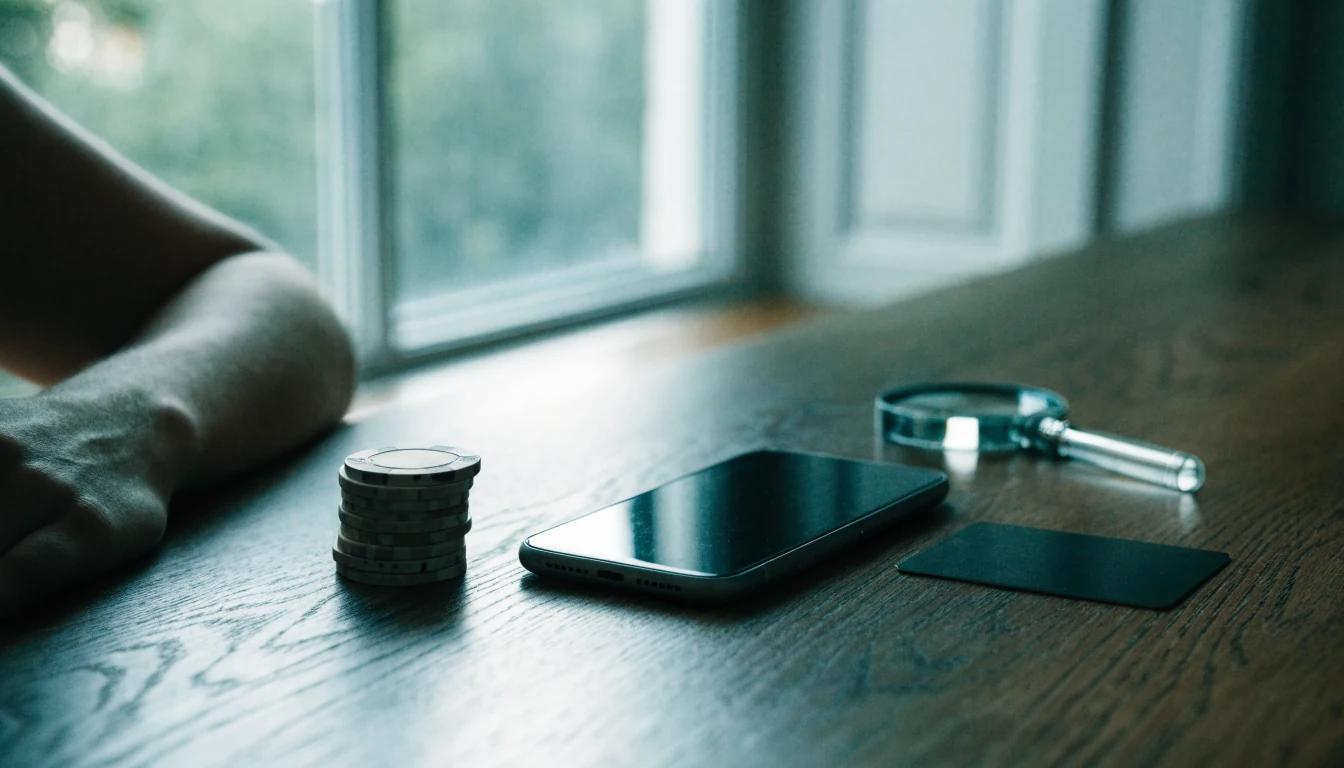 Smartphone med betalkort och casinofigurer på skrivbord