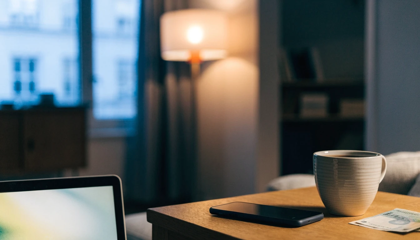 Stängd mobiltelefon, sedlar och kaffekopp i en mysig svensk lägenhet