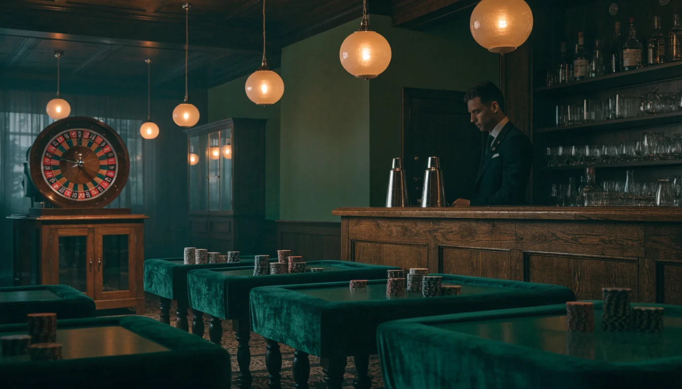 Elegant svensk casinolounge med kortspelsbord och roulette