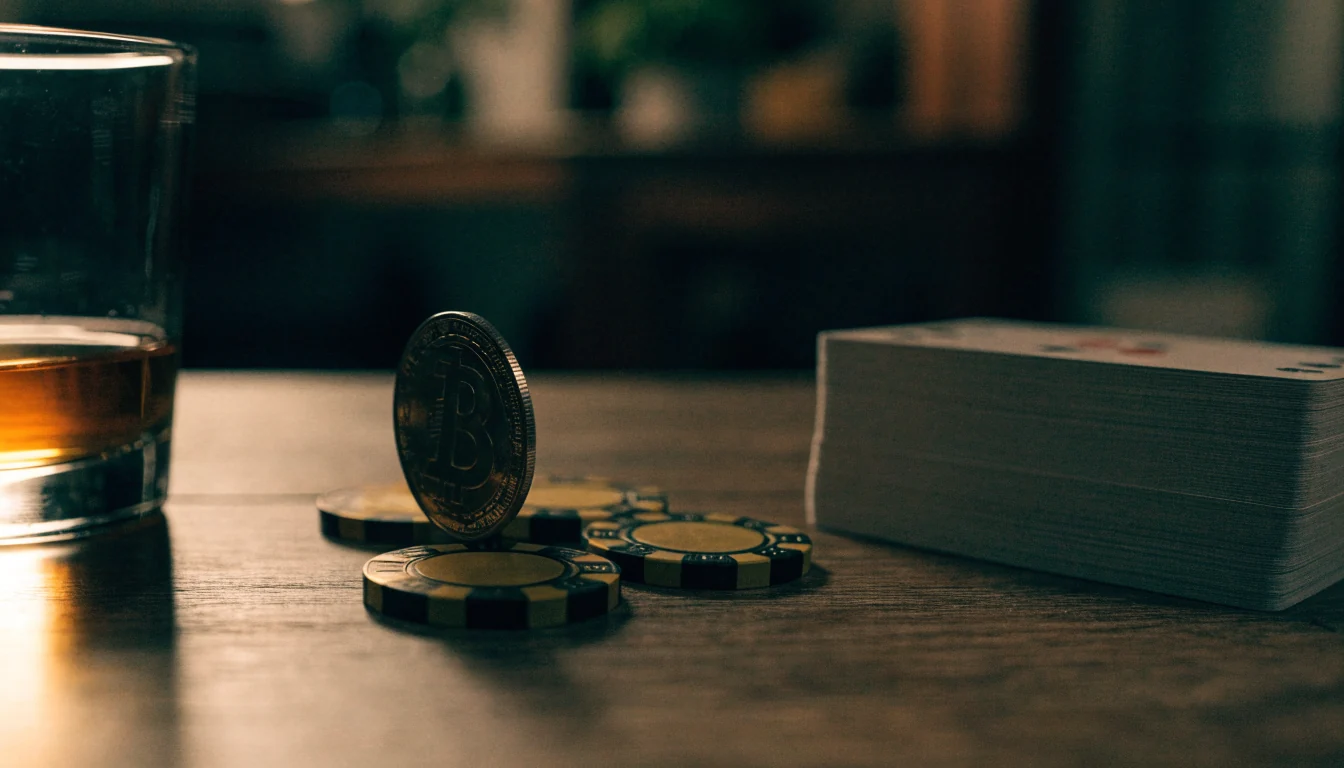 Litecoin-mynt, casinofärger och en whiskey-glas på ett mörkt bord