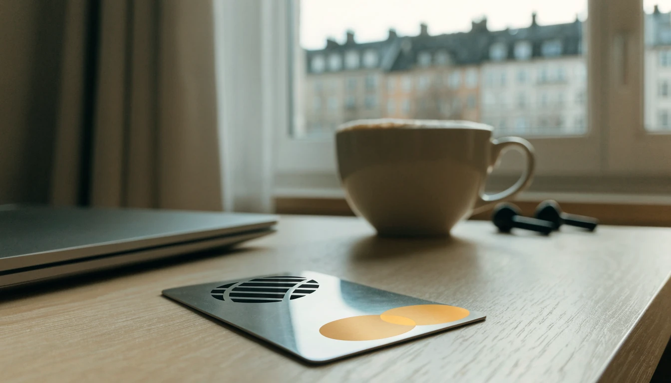 Mastercard-kort på ett skrivbord i en modern svensk lägenhet