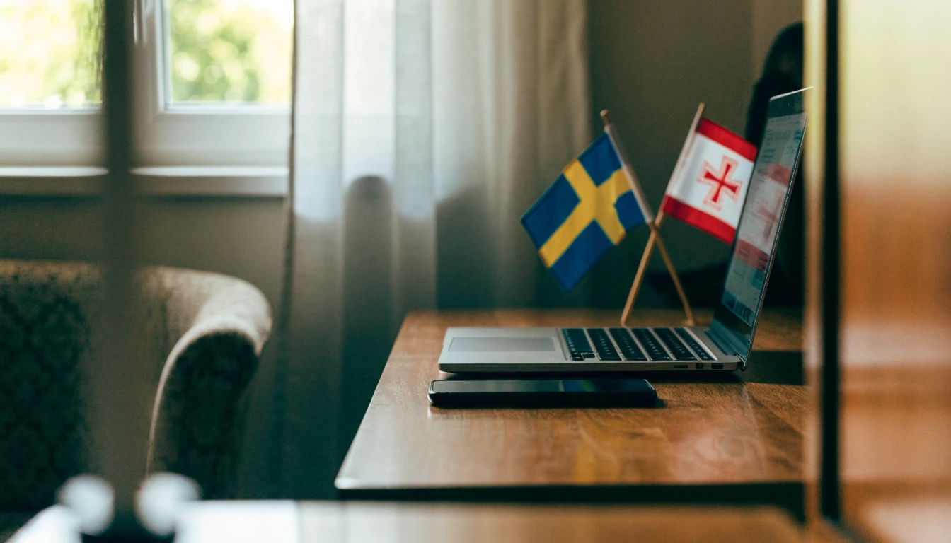 Telefon och laptop på skrivbord med svensk och maltesisk flagga