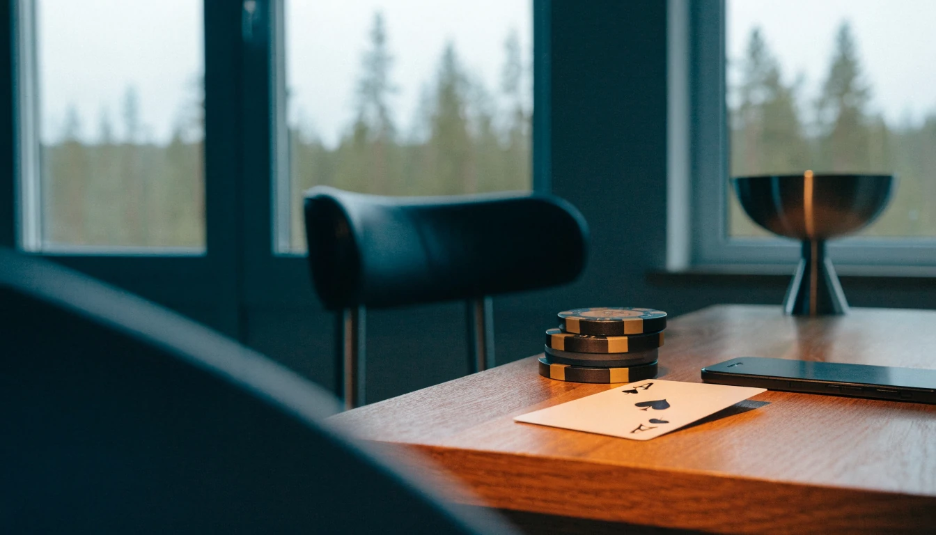 Minimalistiskt skandinaviskt bord med casinomarker, ett spelkort och en nedvänd smartphone