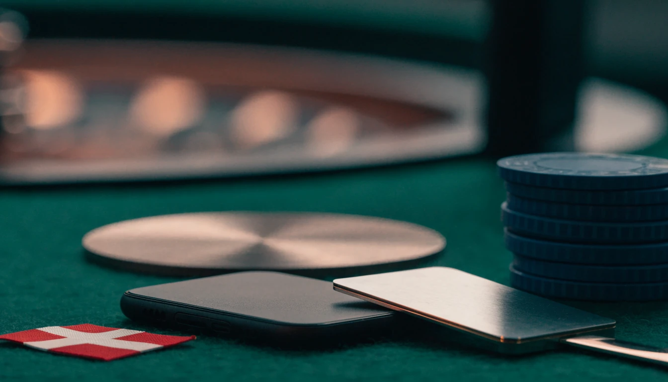 Smartphone, e-plånbokskort och casinokristaller på filtbord