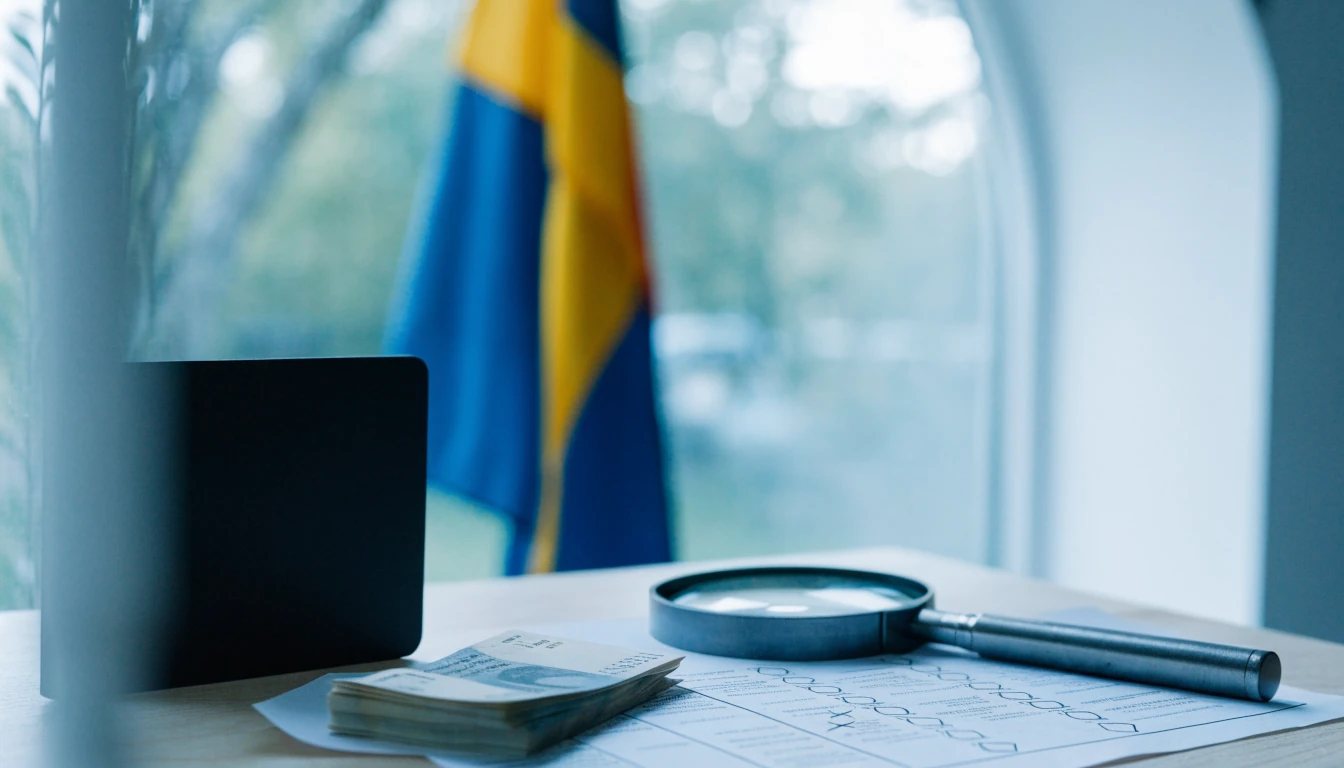 Svensk skrivbord med plånbok, kronor, förstoringsglas och checklista.