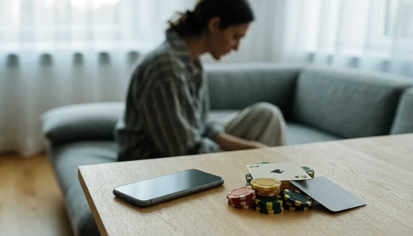 Smarttelefon, casinofärger och Revolut-kort på ett nordiskt bord