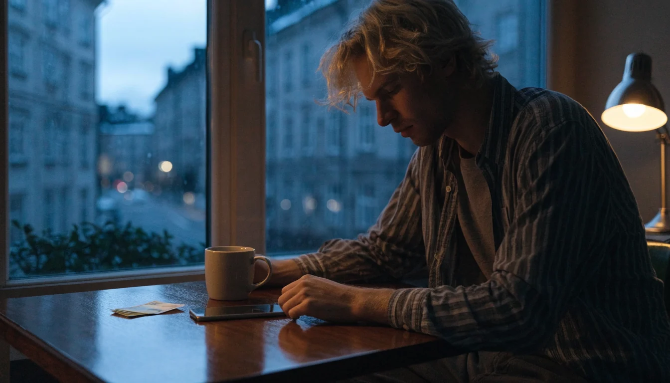 Man vid bordet med nedlagd telefon och sedlar, fundersam stämning