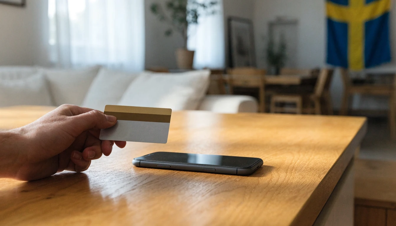 Mobiltelefon på bordet med ett kreditkort i handen