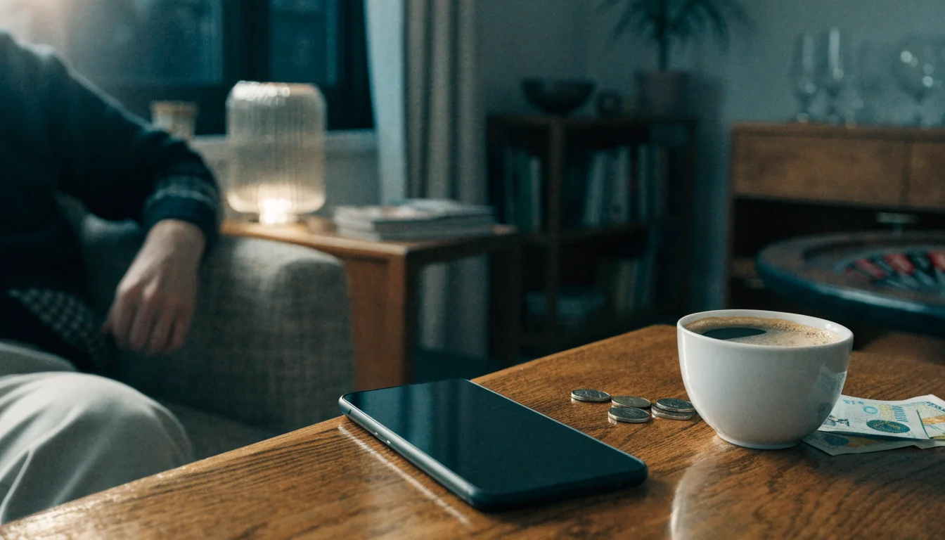Svenskt vardagsrum med telefon, kronor och casinotillbehör