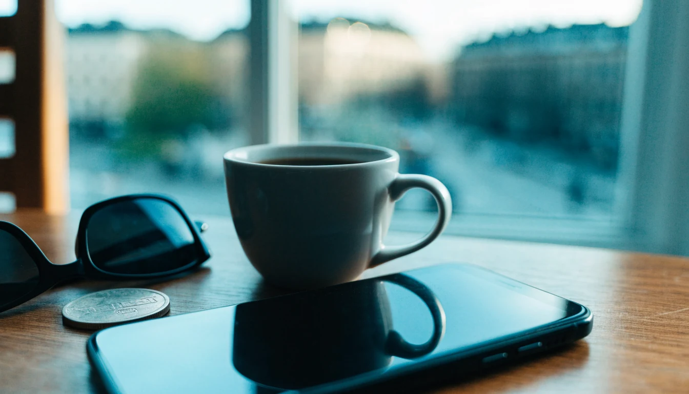 Smartphone med Tether-krypto och kaffe på skrivbordet