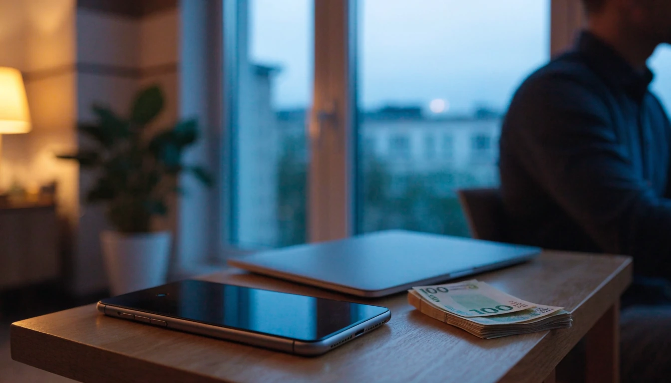 Bord med telefon och sedlar i svensk hemmiljö