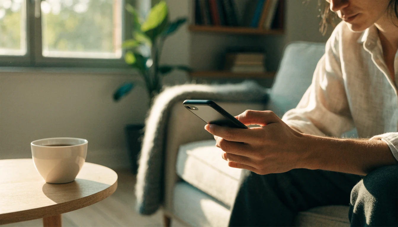 Person som håller en Android-mobil i ett svenskt vardagsrum