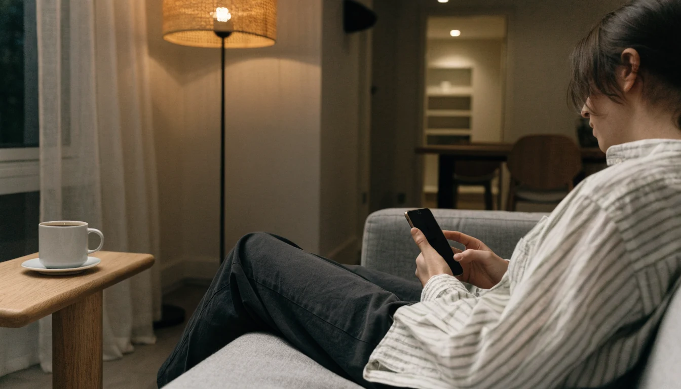 Person som håller en iPhone i en mysig svensk lägenhet