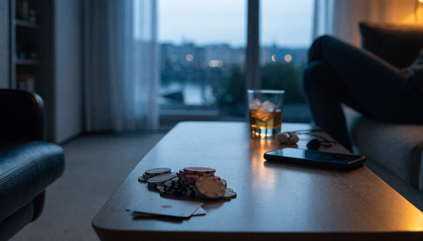 Casinochips och whisky i modernt svenskt hem
