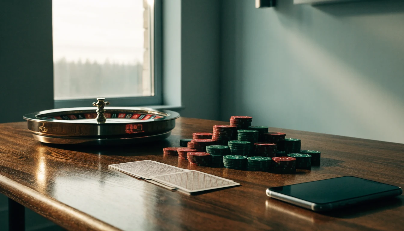 Skandinavisk inredning med roulettehjul och casinoleksaker på bordet
