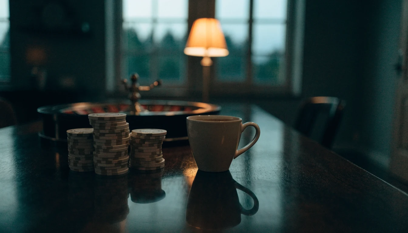 Skandinaviskt vardagsrum med casinotema: marker, roulette och kaffe i skymningsljus.
