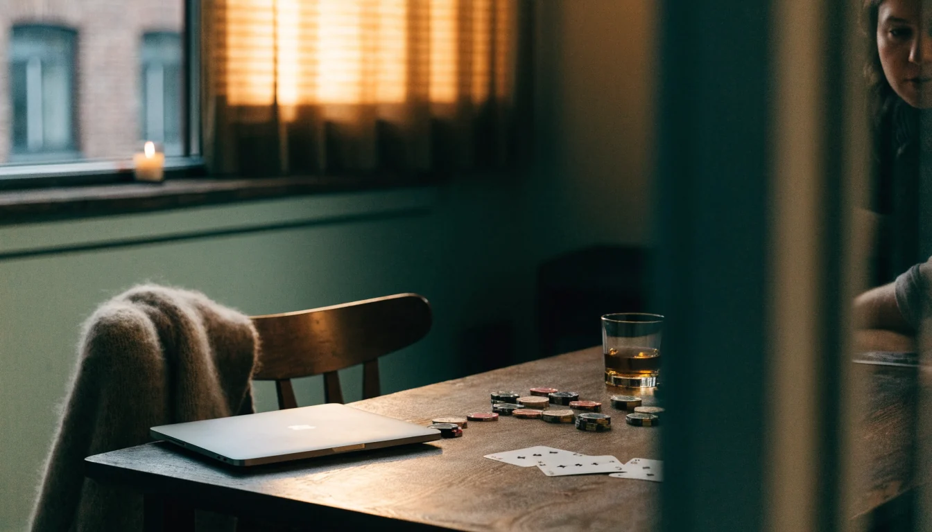 Mysigt svenskt vardagsrum med casinokort och marker på ett bord