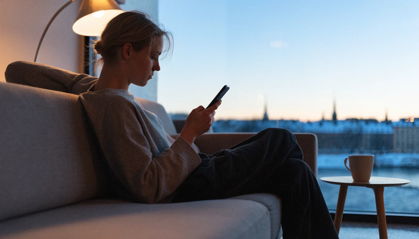 Person som håller en smartphone i en modern svensk lägenhet under en lugn vinterkväll