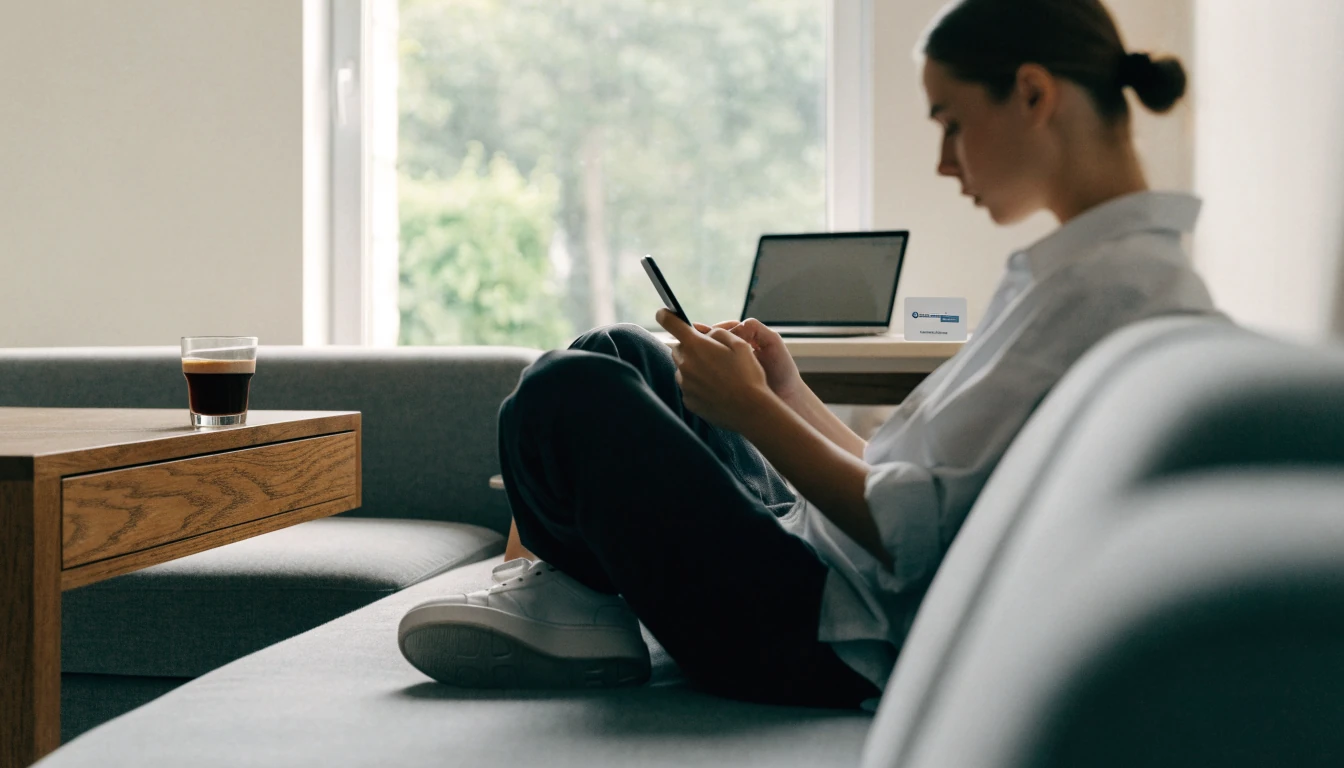 Person med smartphone i modernt svenskt vardagsrum med kaffe och bankkort