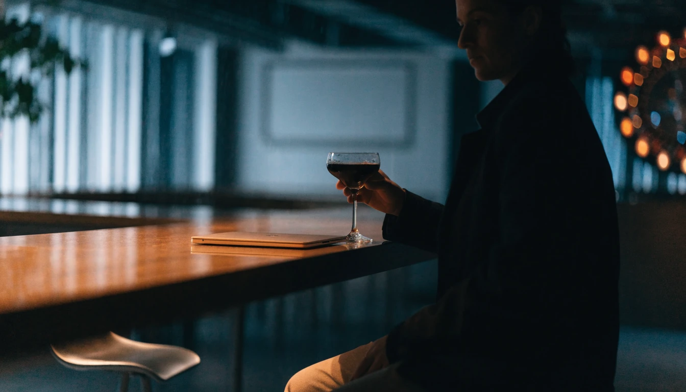 Stilren svensk bar med dator och elegant belysning