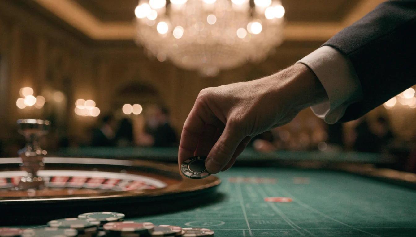 Hand som placerar en casinospelmarker vid ett roulettebord